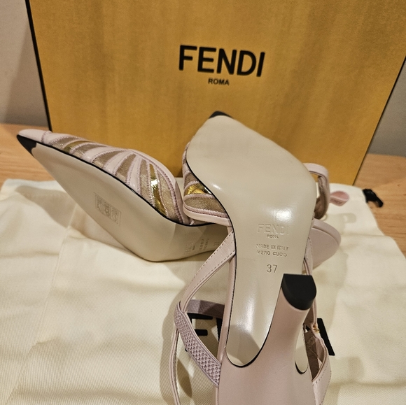 Fendi Leather And Mesh High-heeled Slingbacks In Nude/gold - Picture 5 of 11